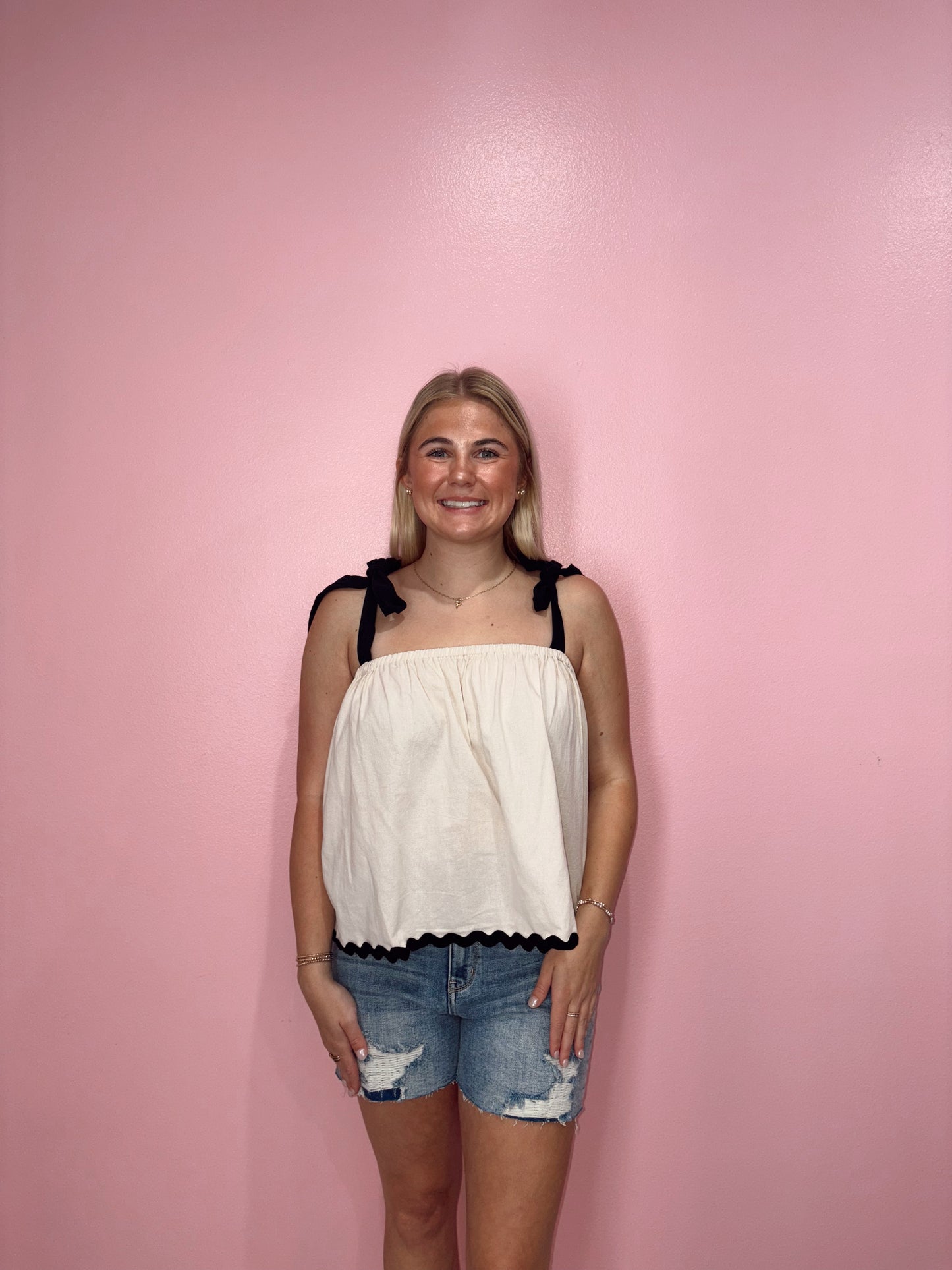 Contrast Tape Shoulder Tie Top