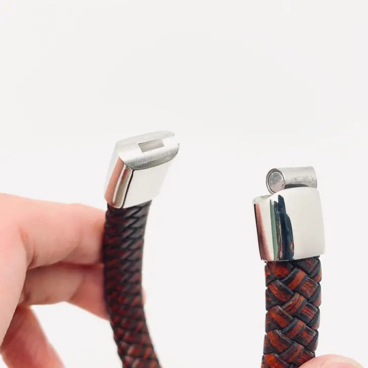 Handmade Leather Stainless Steel Magnetic Snap Bracelet