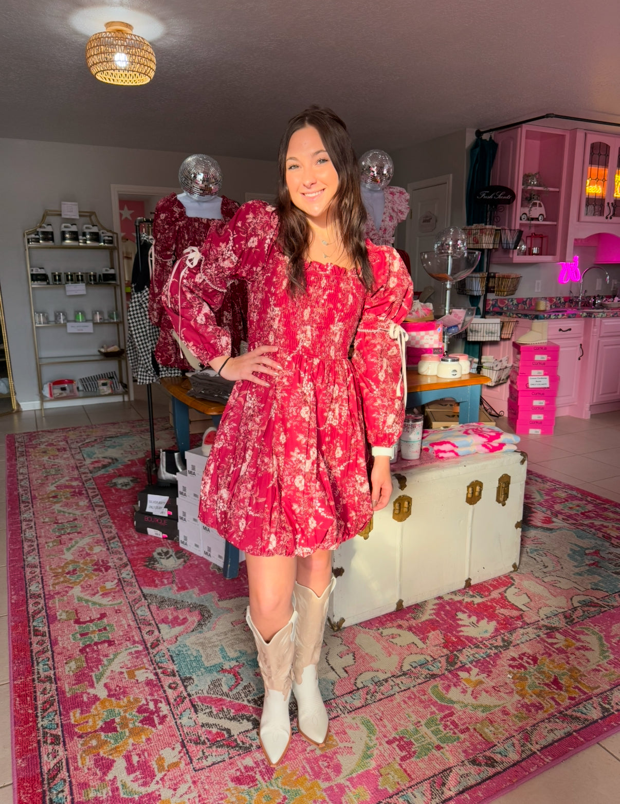 Burgundy Floral Bow Bubble Dress