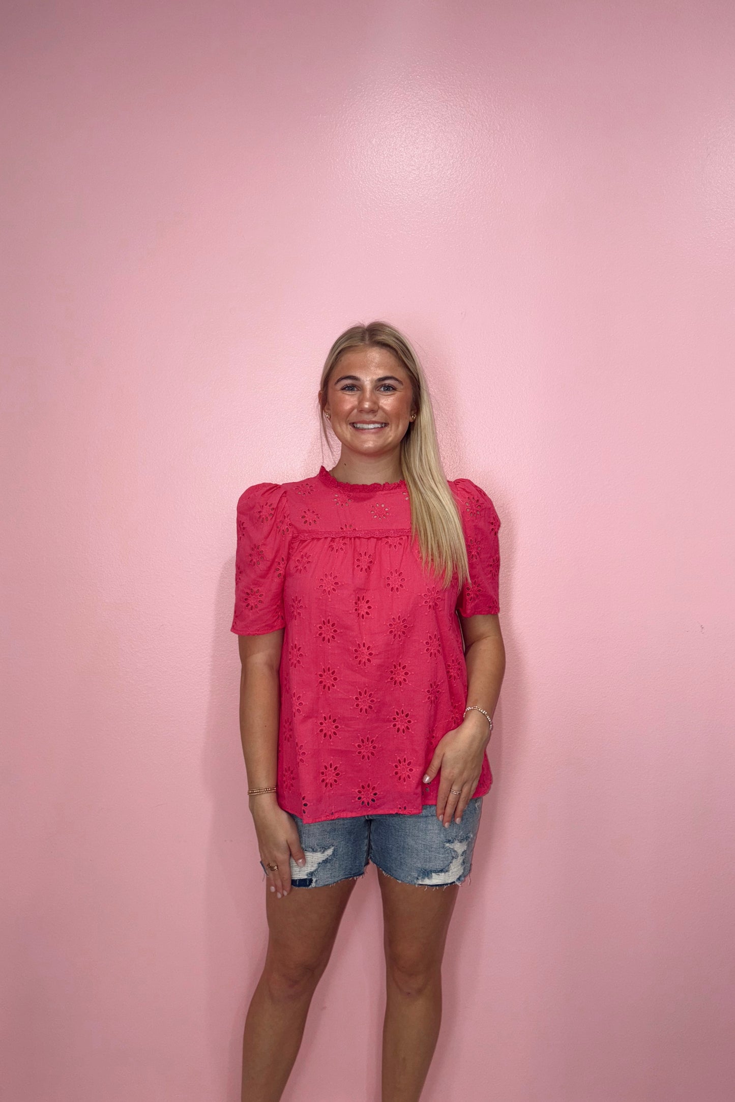 Pink Eyelet Short Sleeve Top