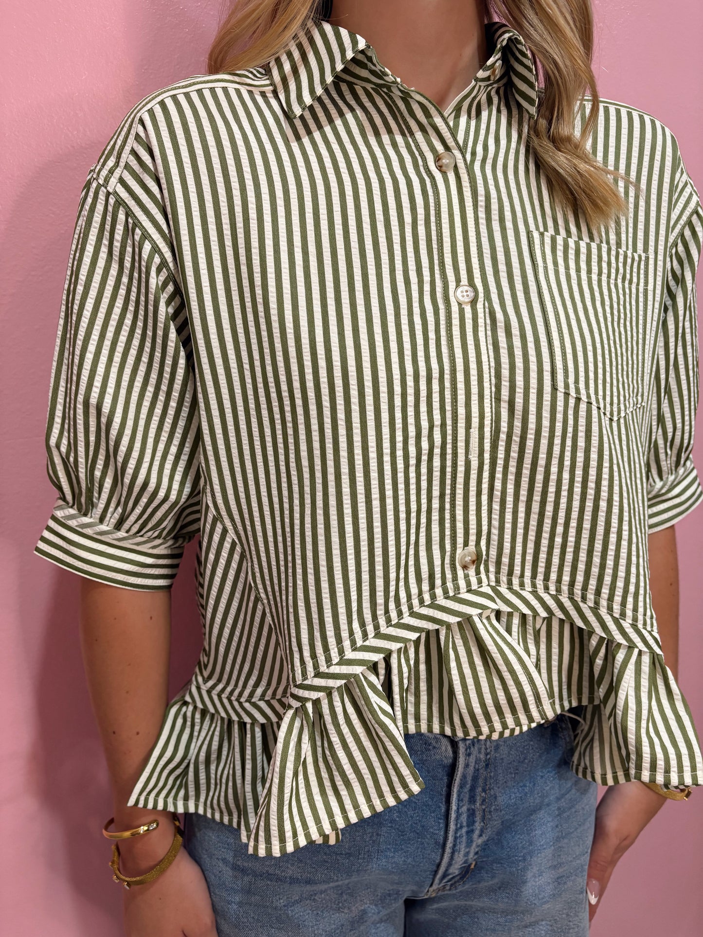 Olive & White Stripe Babydoll Top