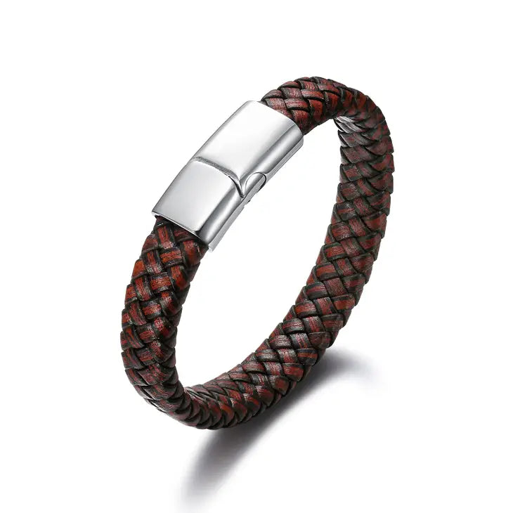 Handmade Leather Stainless Steel Magnetic Snap Bracelet