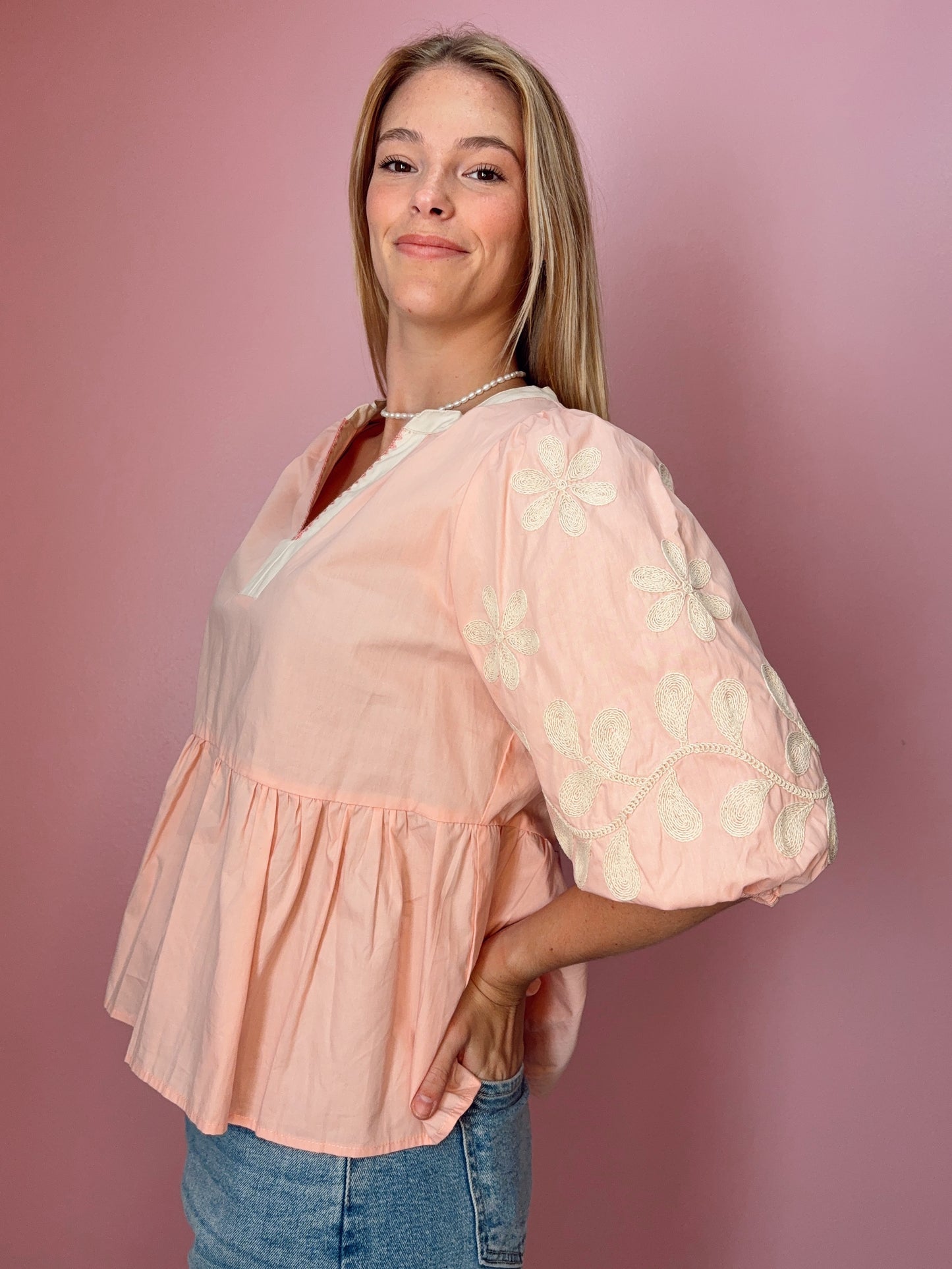 Pink Embroidered Babydoll Top