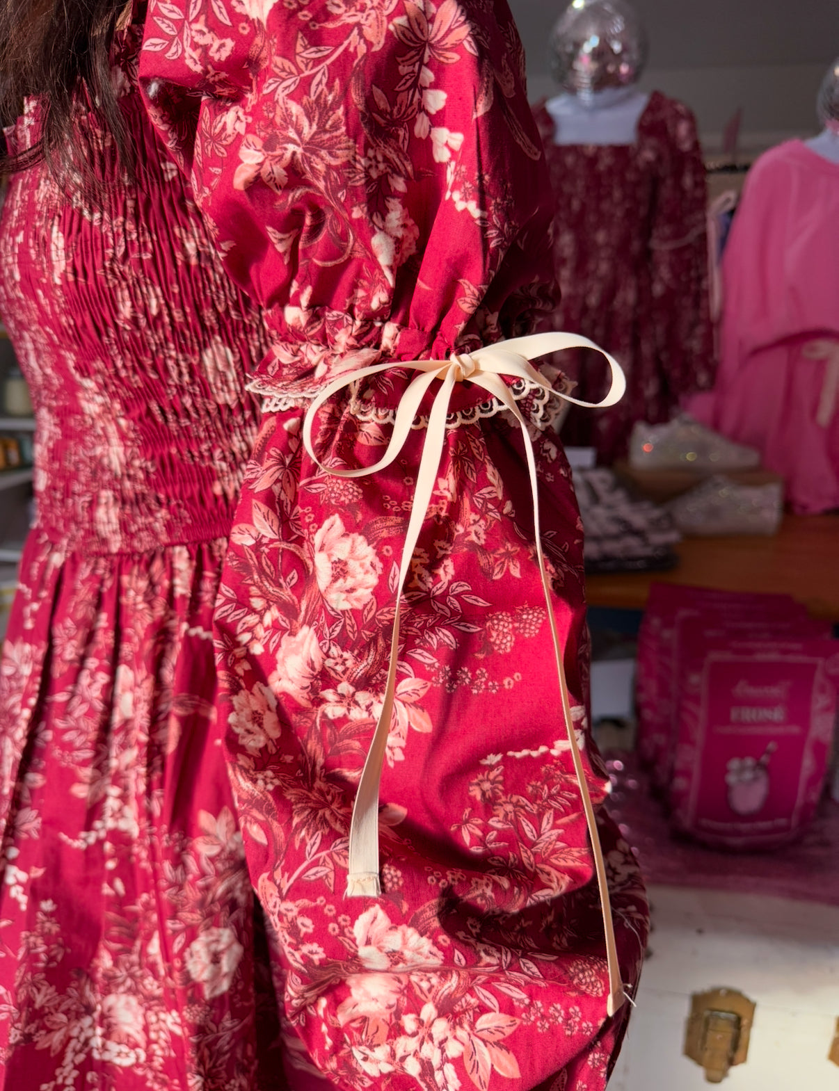 Burgundy Floral Bow Bubble Dress
