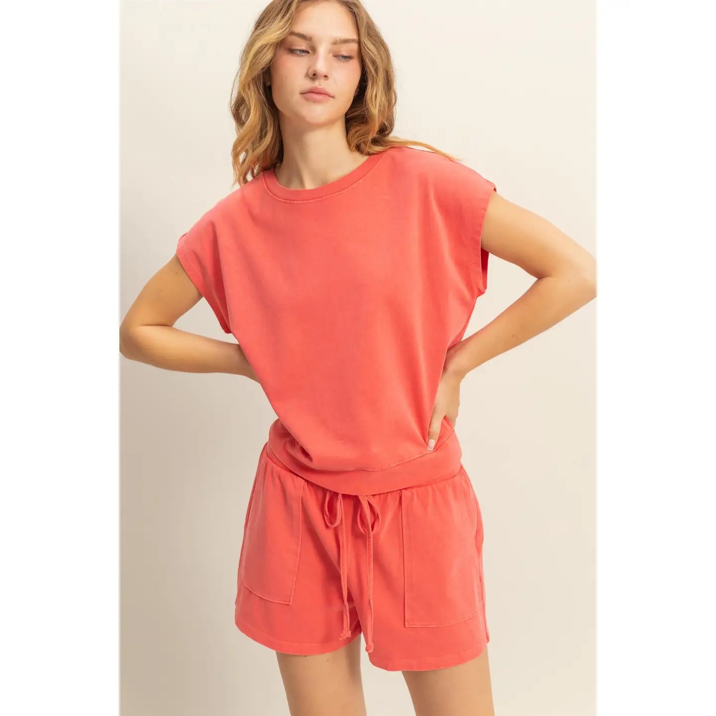 Short Sleeve Top & Shorts Matching Set - Coral