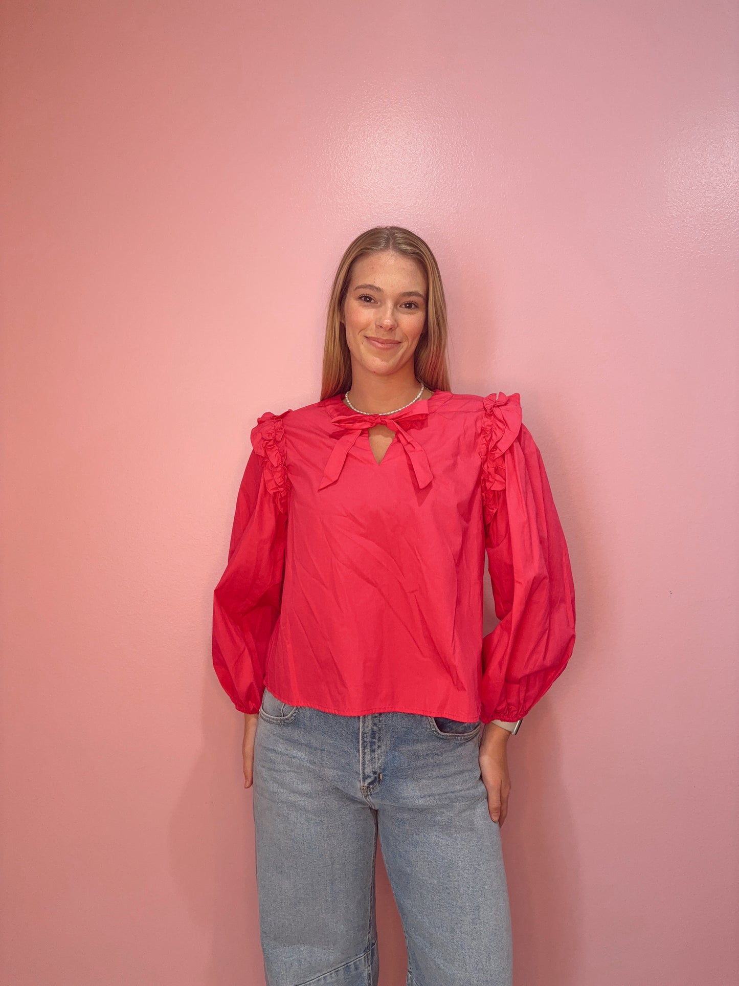 Hot Pink Puff Sleeve Top With Tie
