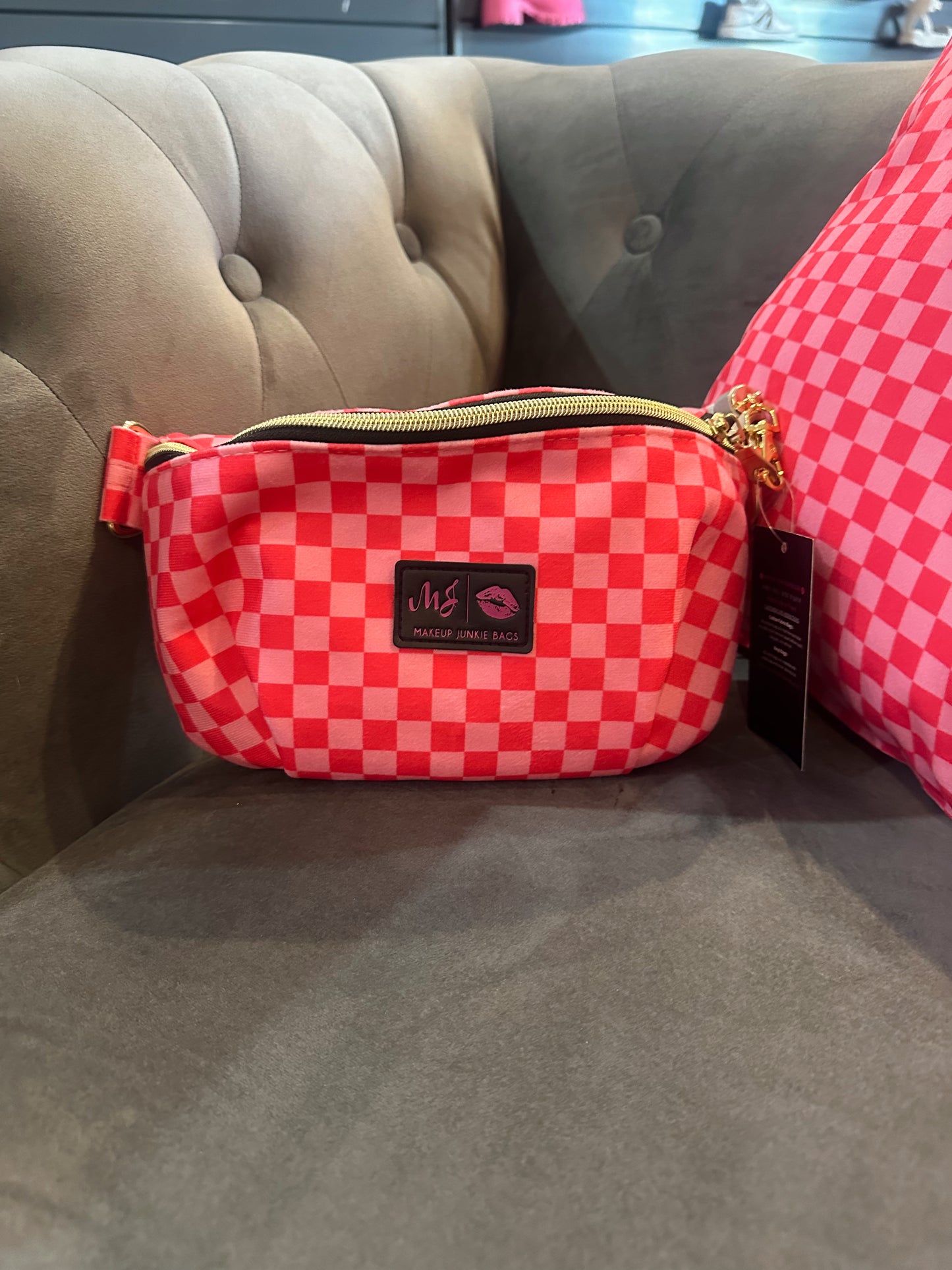 Pink Checkered Velvet Sidekick (zipper on back)
