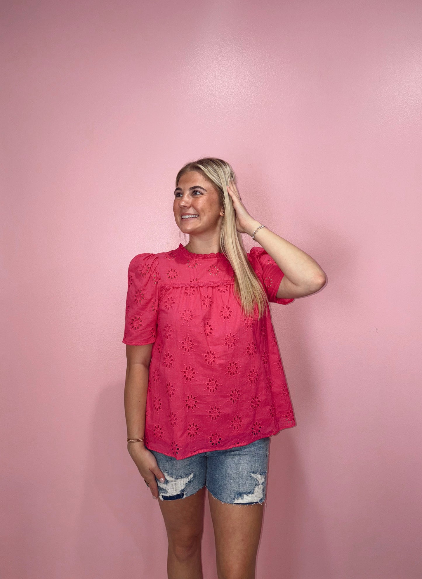 Pink Eyelet Short Sleeve Top
