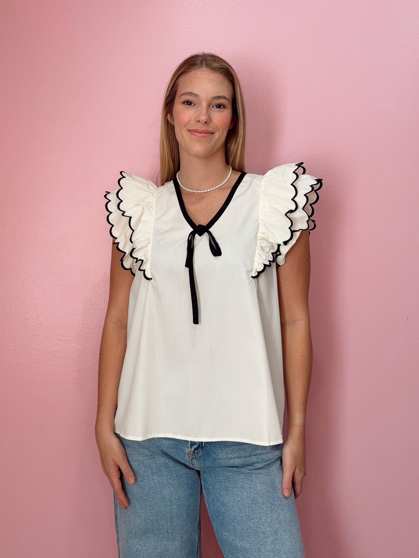 Black & Cream Contrast Bow Top