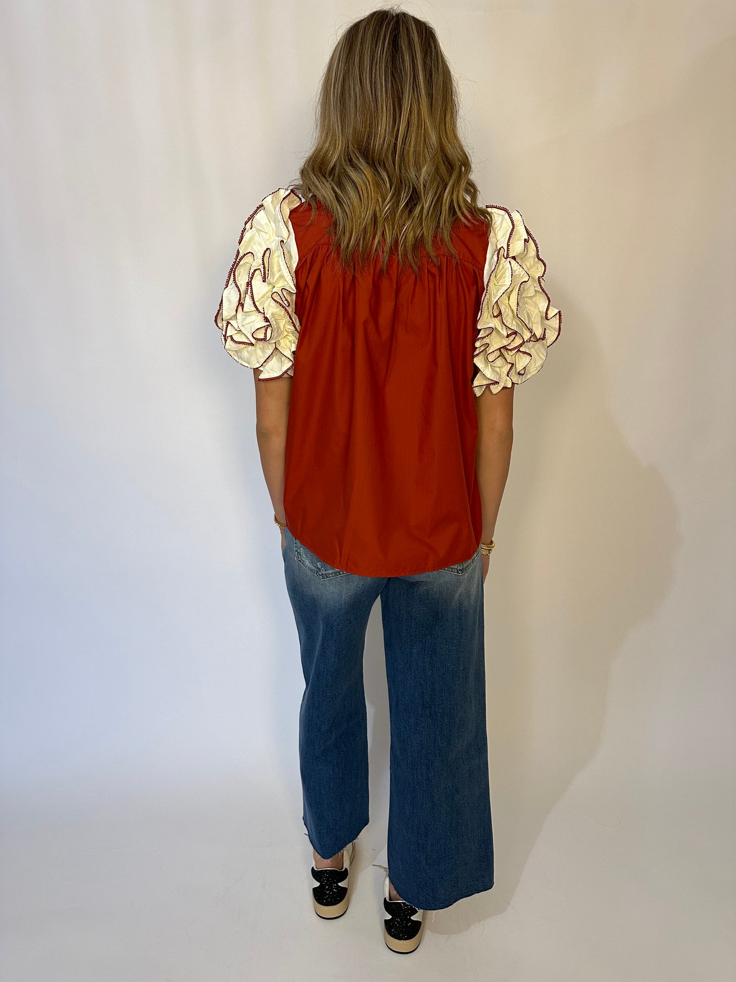 Dot Ruffle Sleeve Top - Brick