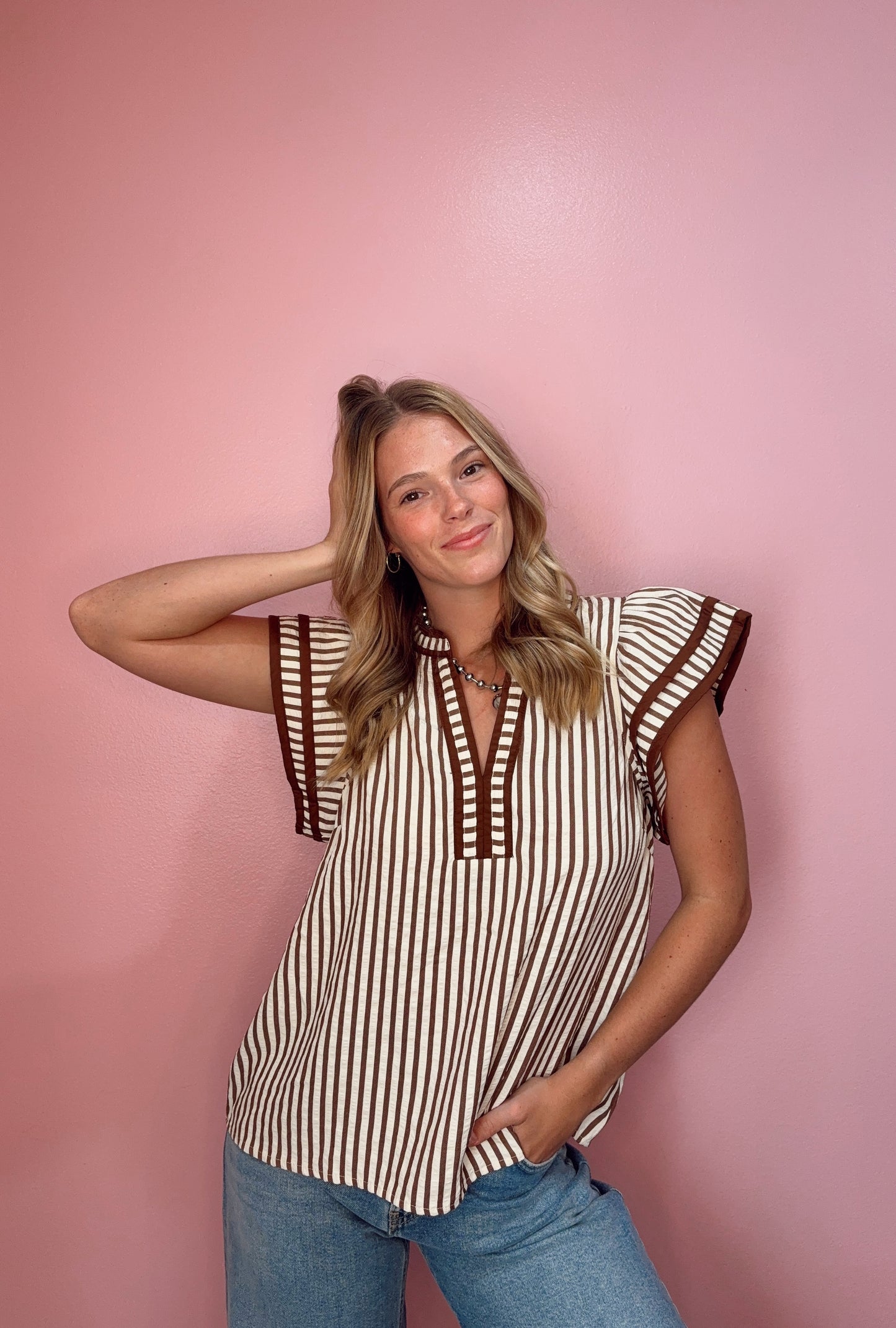 Mocha Stripe Ruffle Sleeve Top