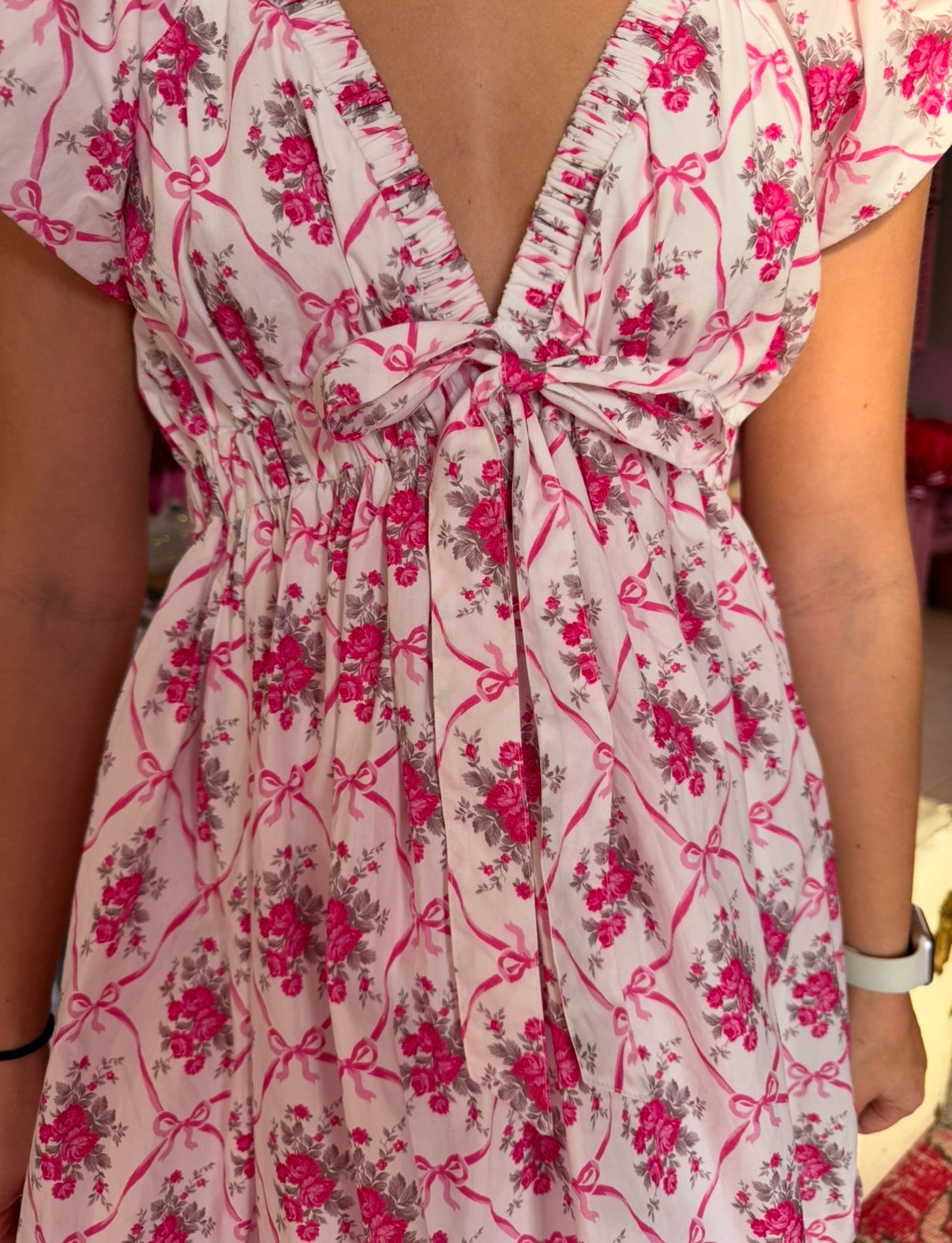 Off White/Pink Floral & Bow Bubble Dress