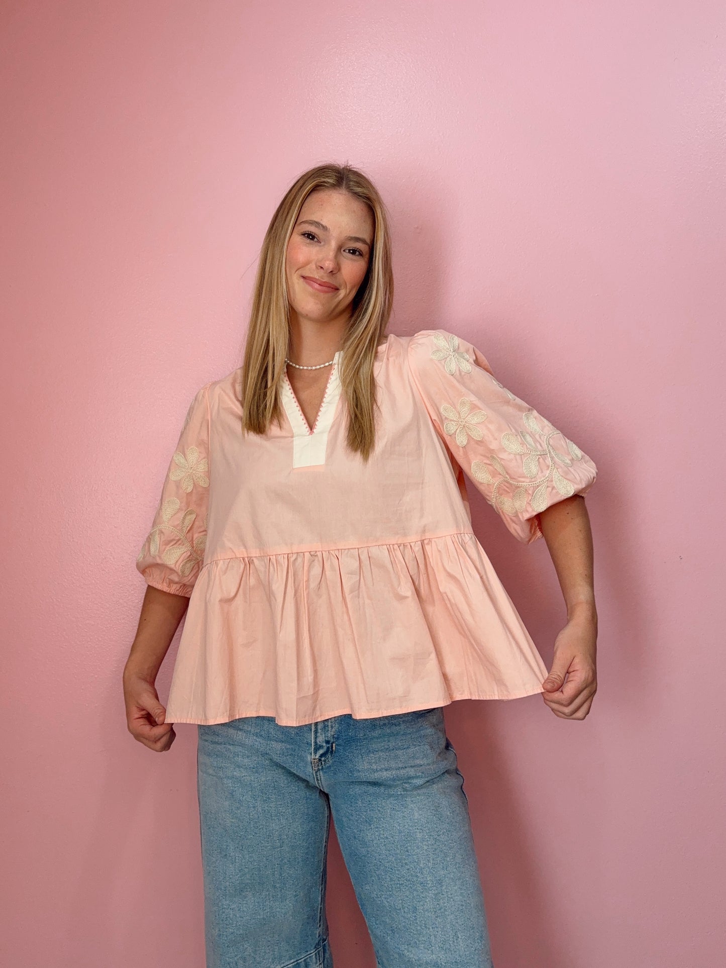 Pink Embroidered Babydoll Top