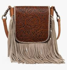 Montana West Brown/Tan Genuine Leather Floral Fringe Crossbody