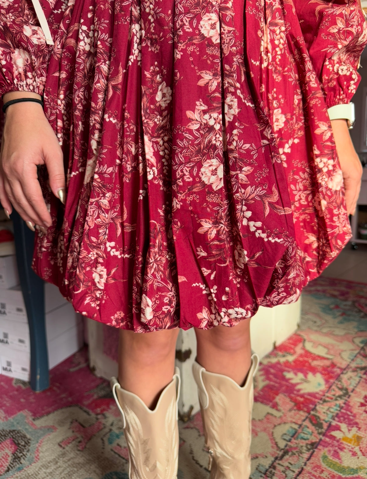 Burgundy Floral Bow Bubble Dress