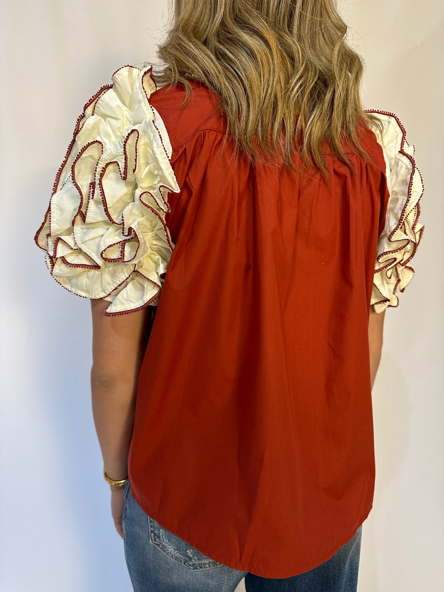 Dot Ruffle Sleeve Top - Brick