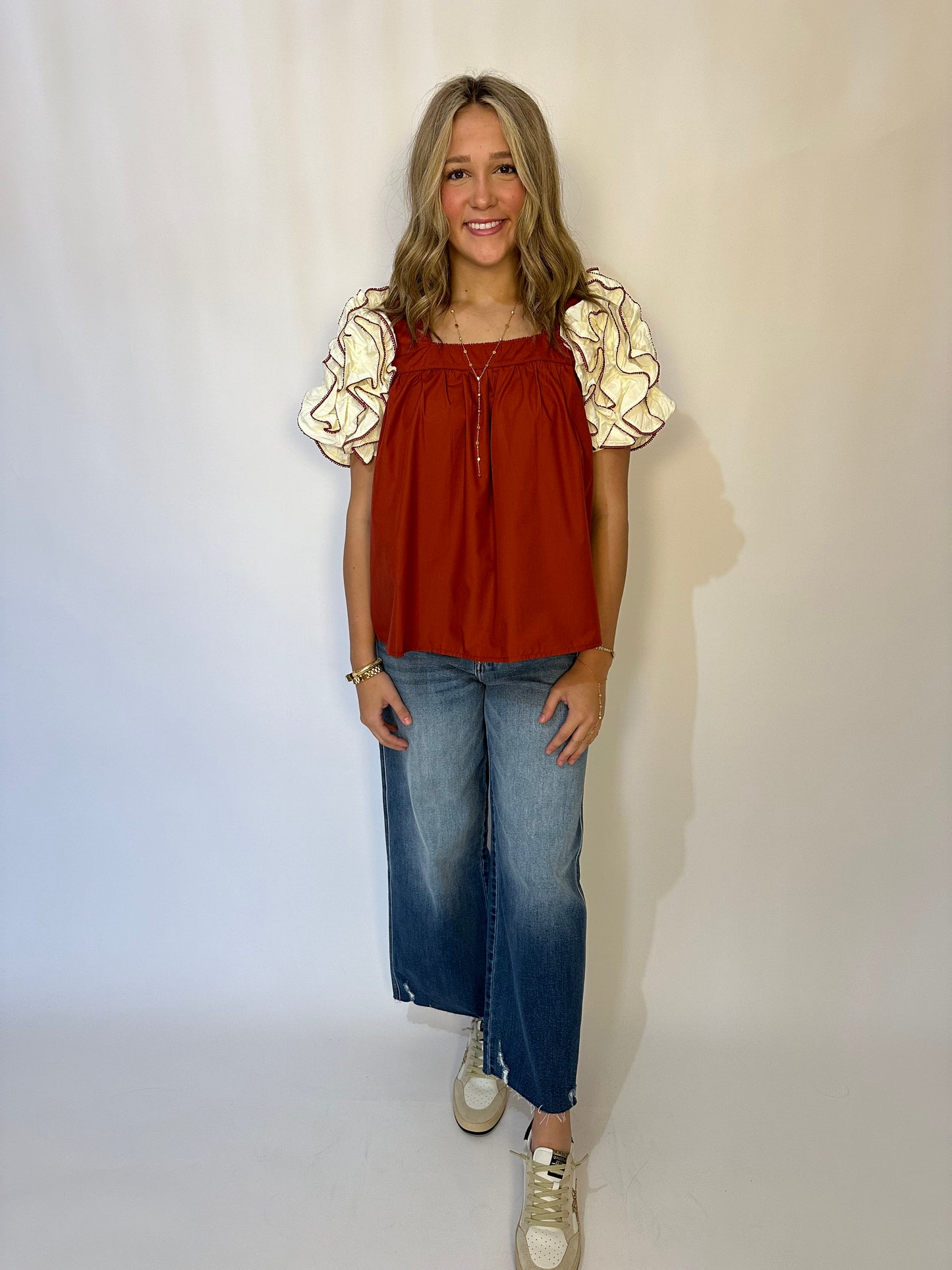 Dot Ruffle Sleeve Top - Brick