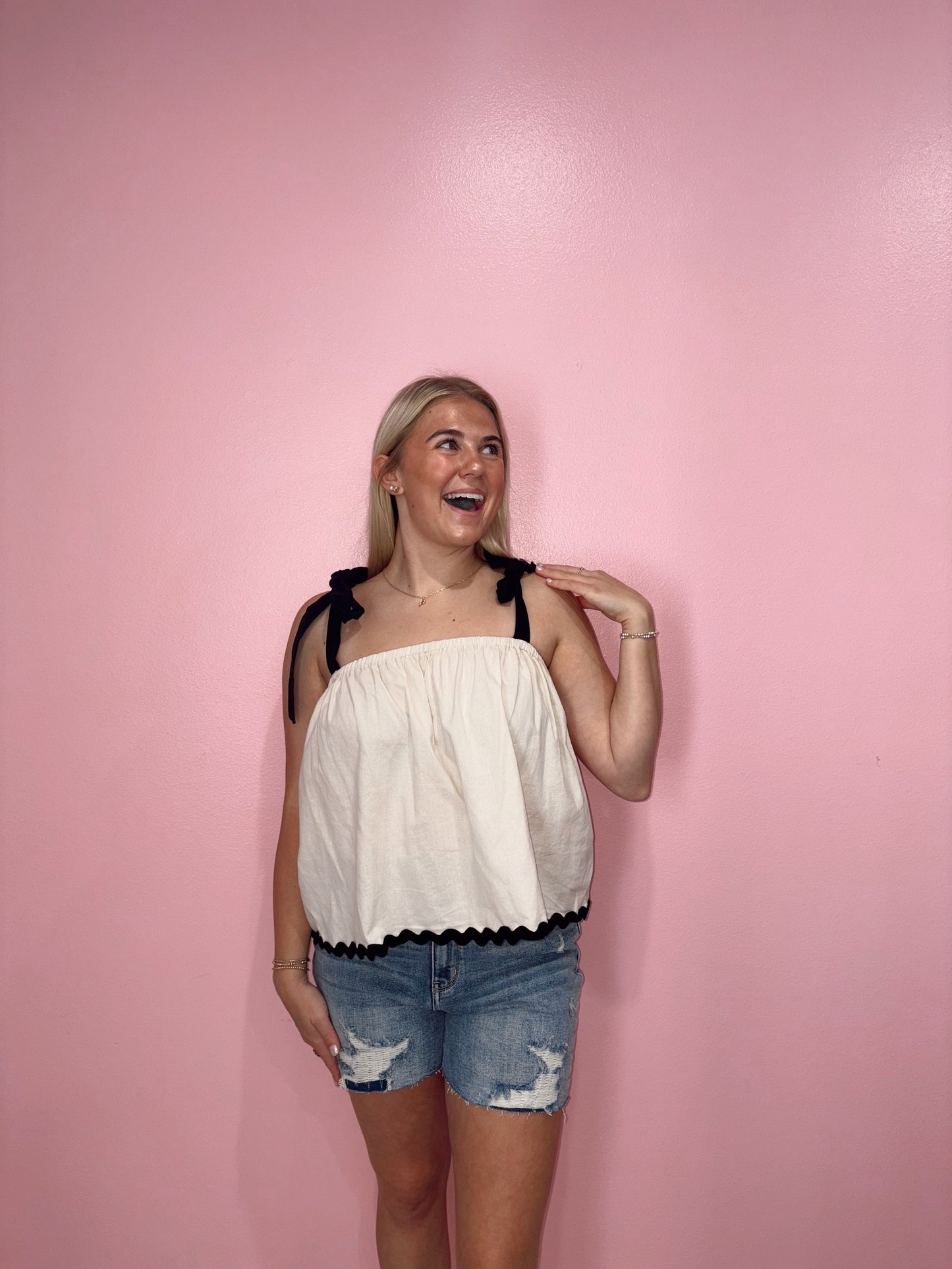 Contrast Tape Shoulder Tie Top