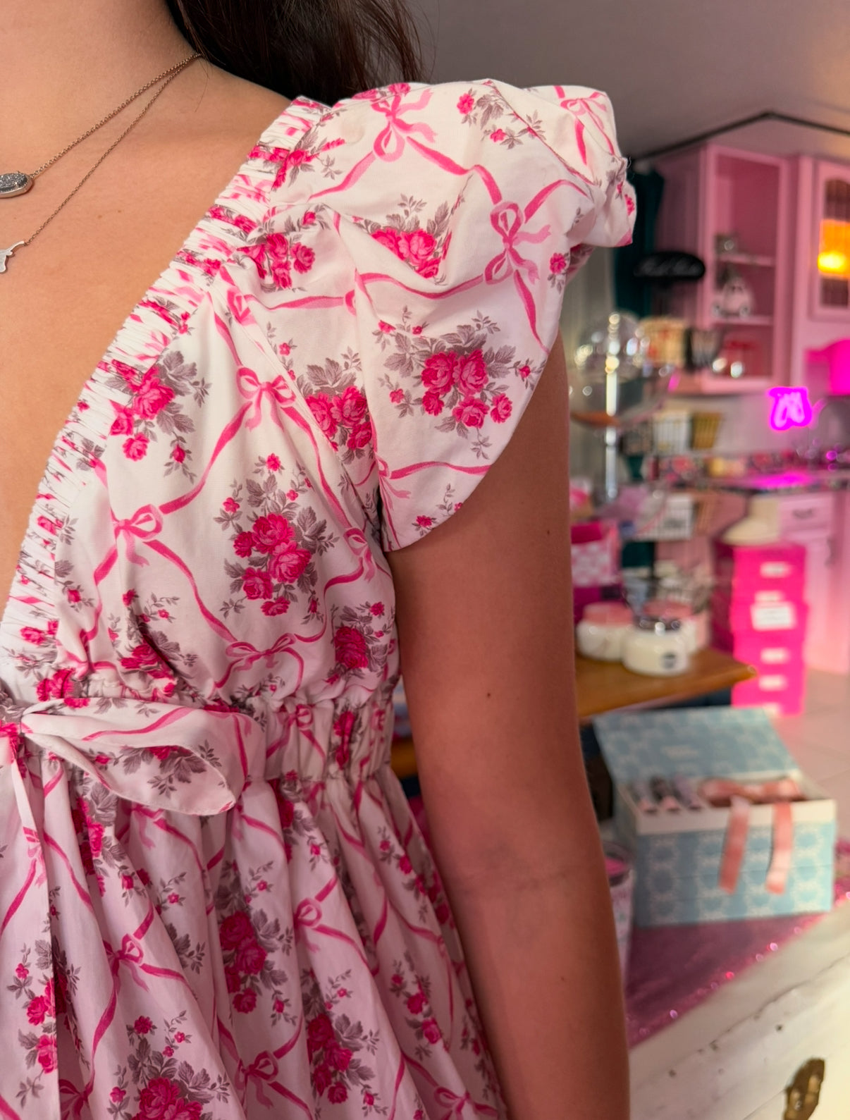 Off White/Pink Floral & Bow Bubble Dress