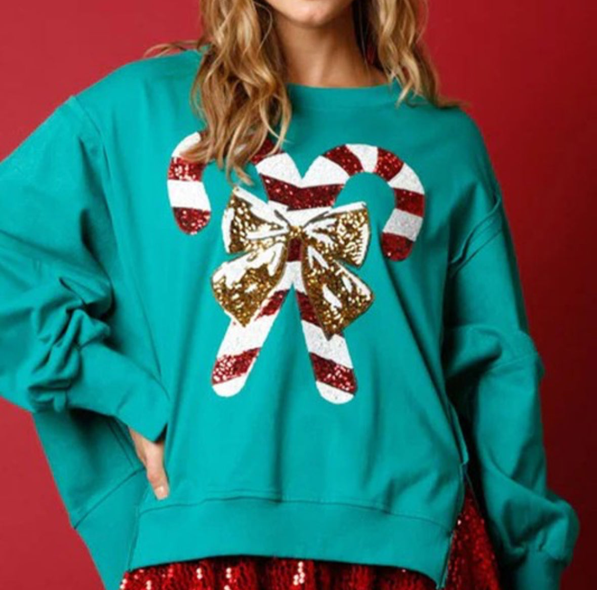 Green Candy Cane Sequin Long Sleeve
