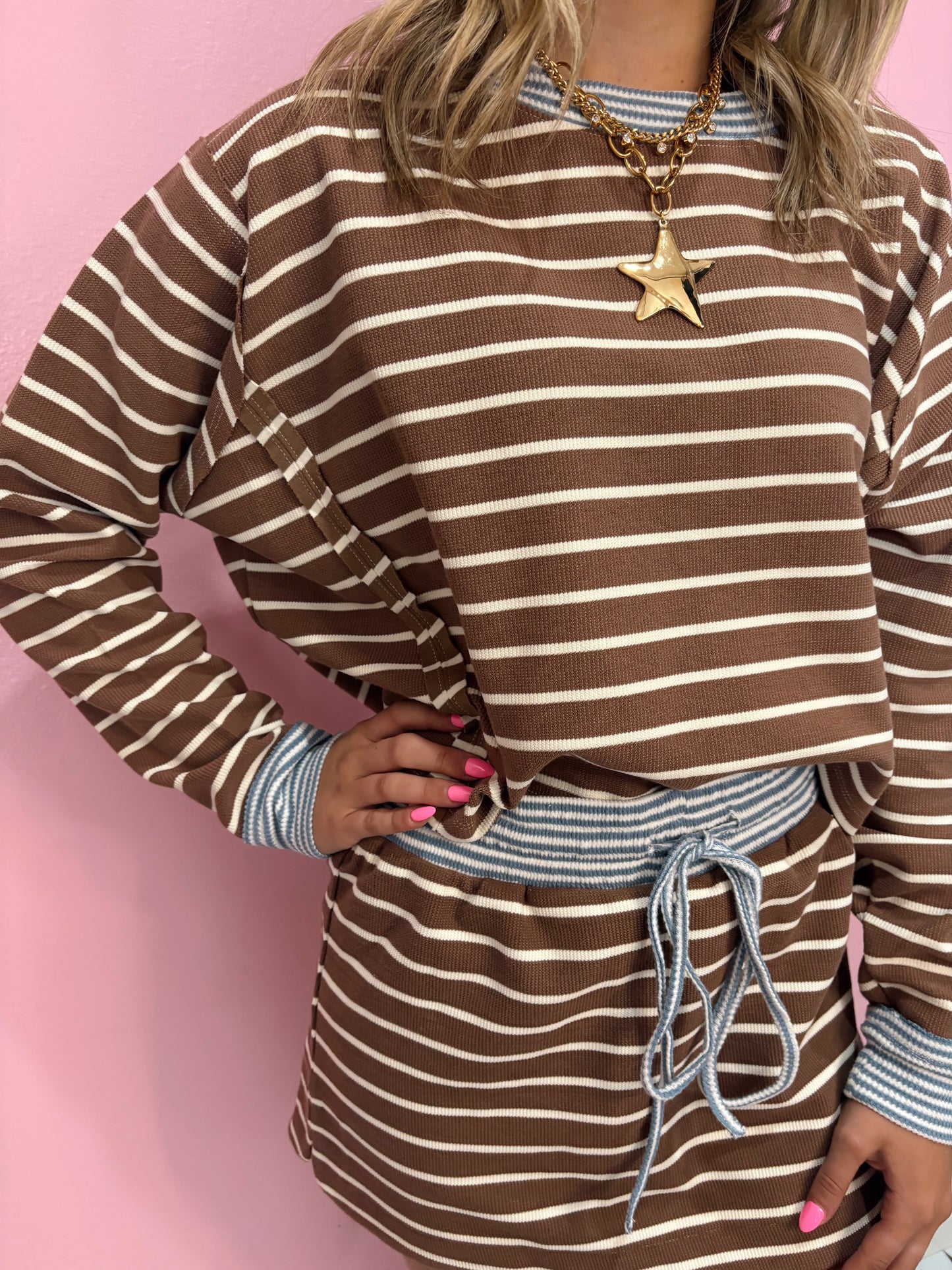 Mocha and Blue Striped Skort Set