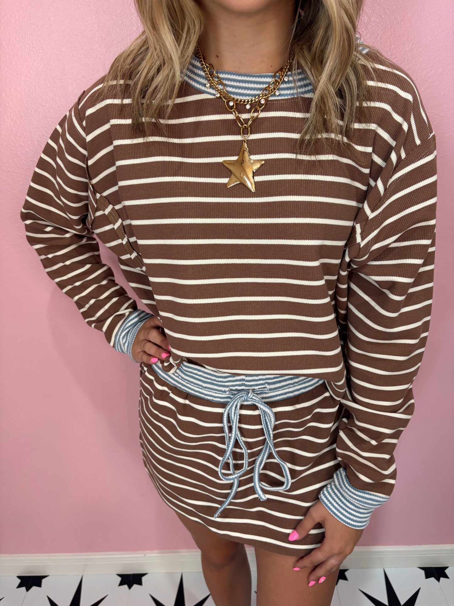 Mocha and Blue Striped Skort Set