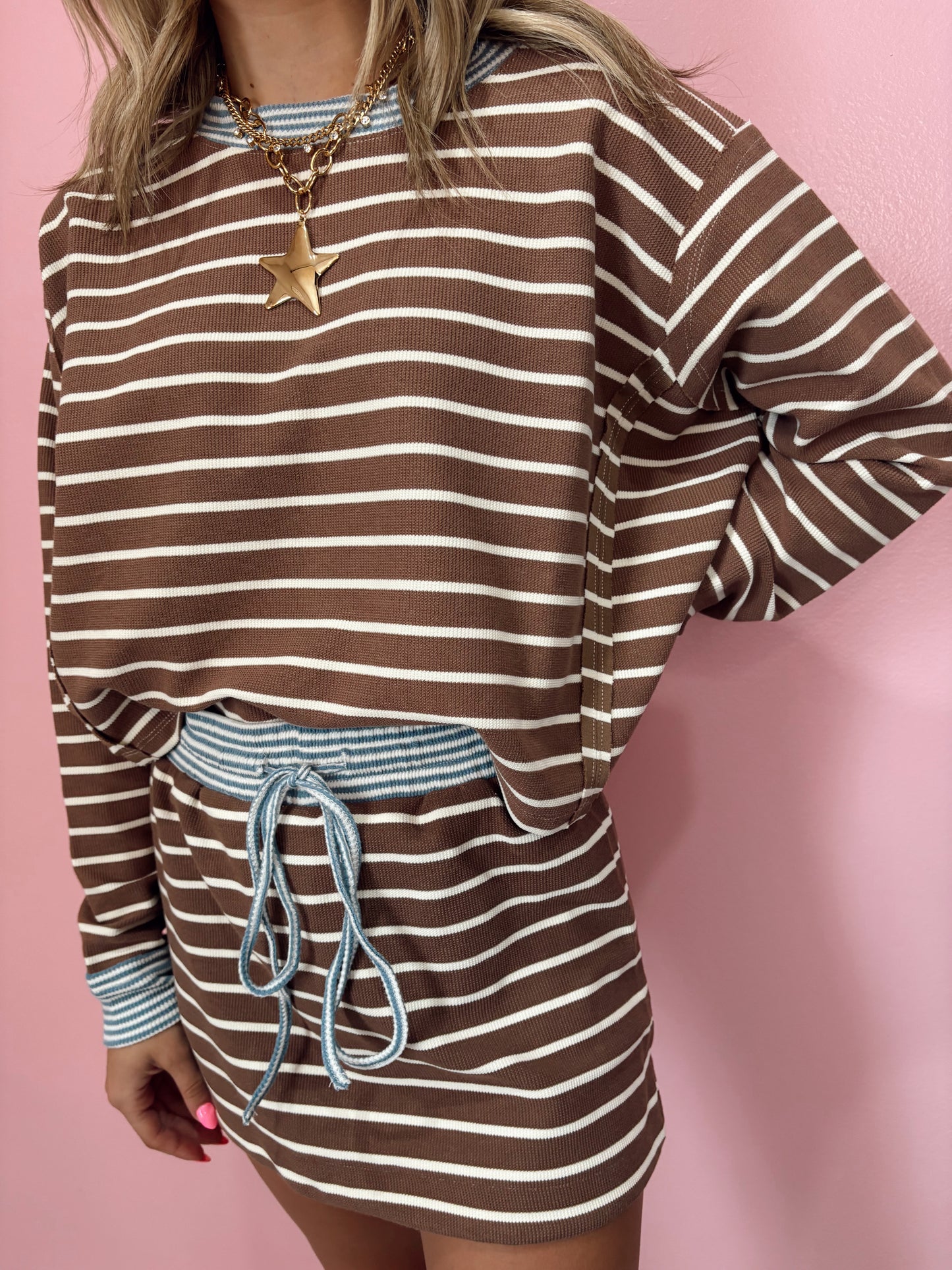 Mocha and Blue Striped Skort Set