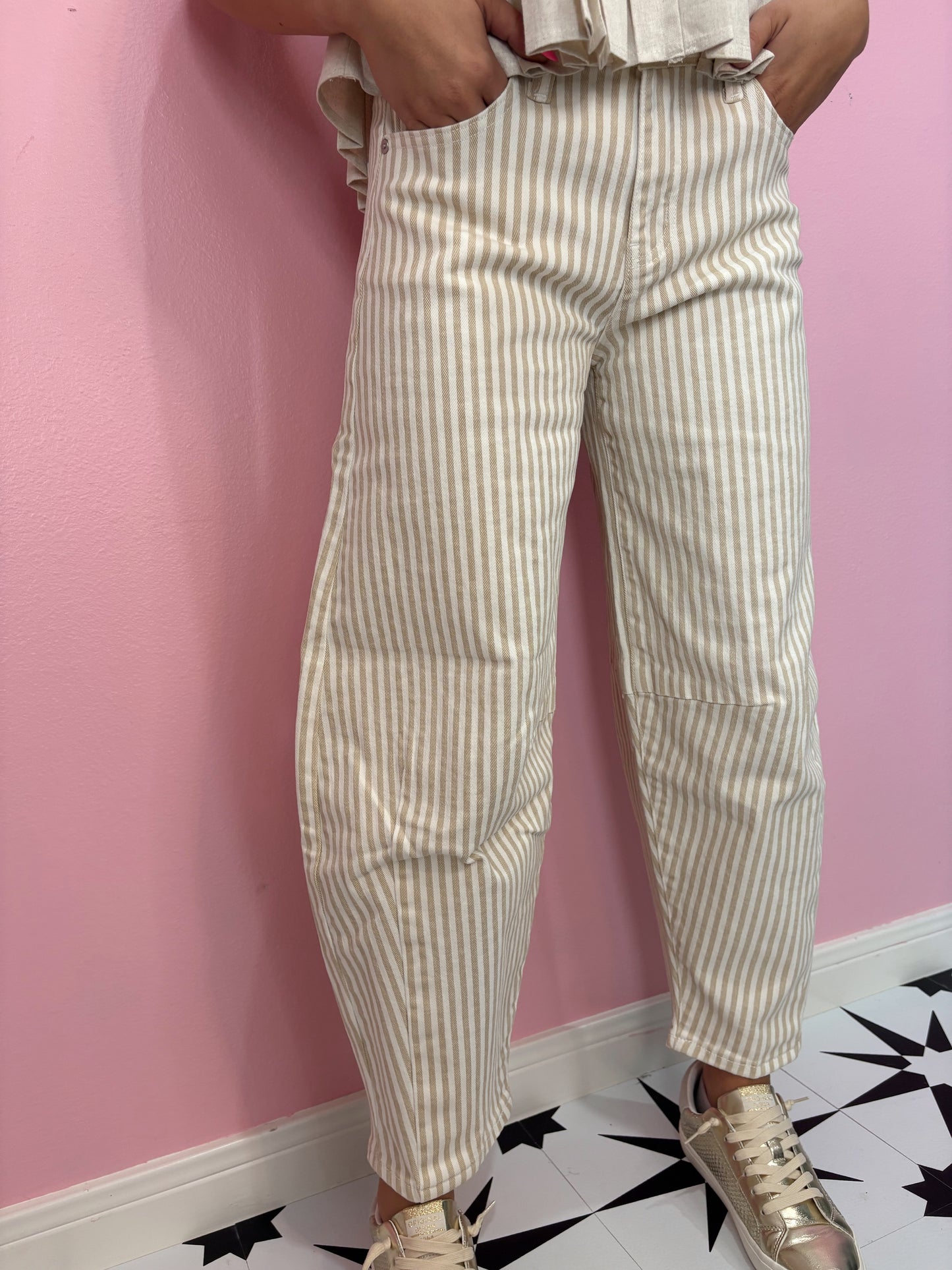KANCAN- Low Rise Tan Stripe Barrel Jeans