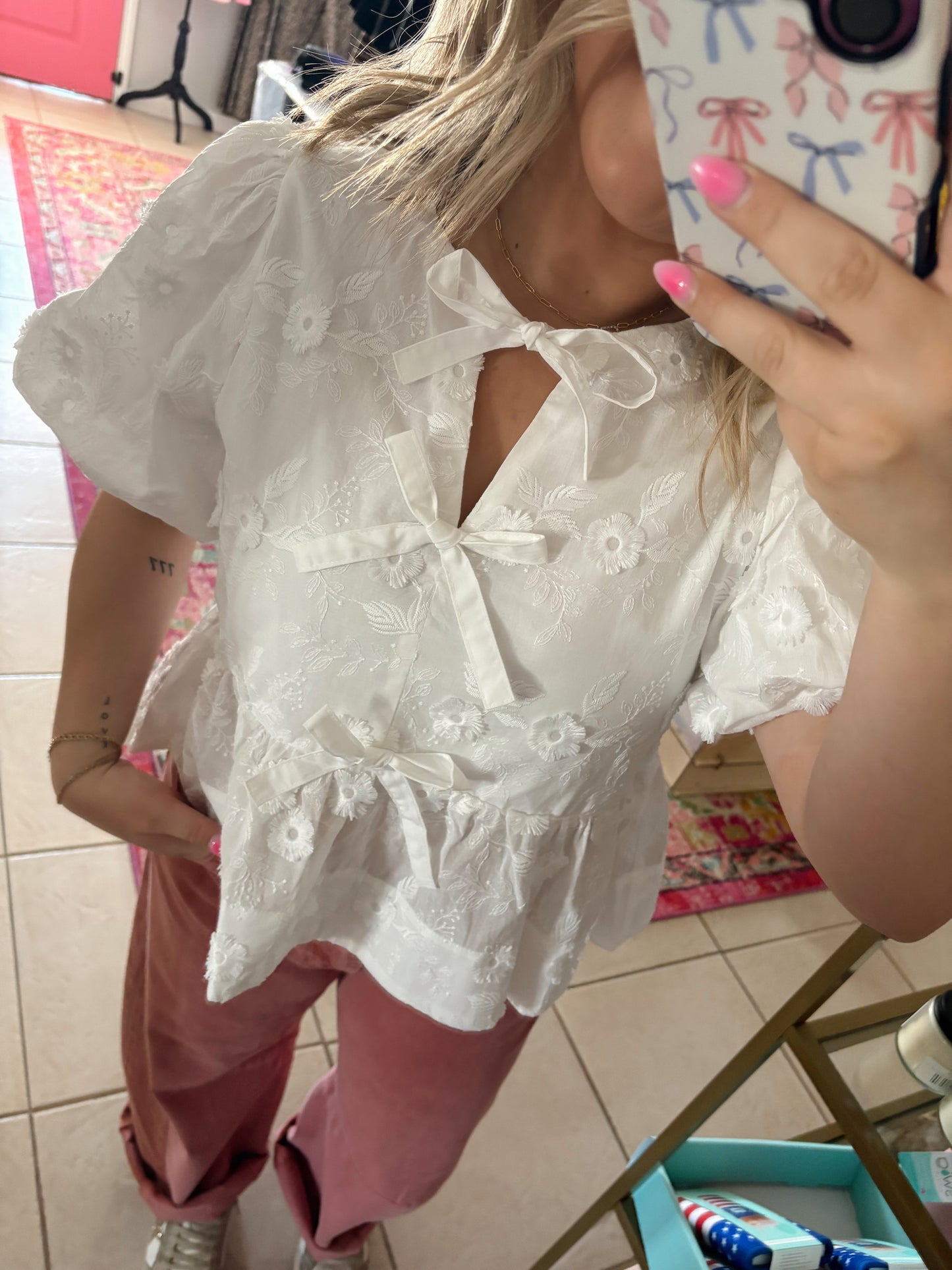 Off White Bow Floral Top