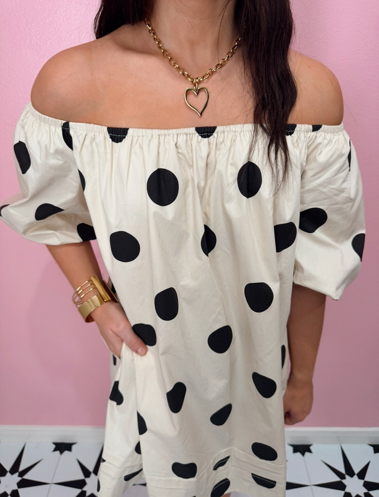 Off-Shoulder Polka Dot Mini Dress