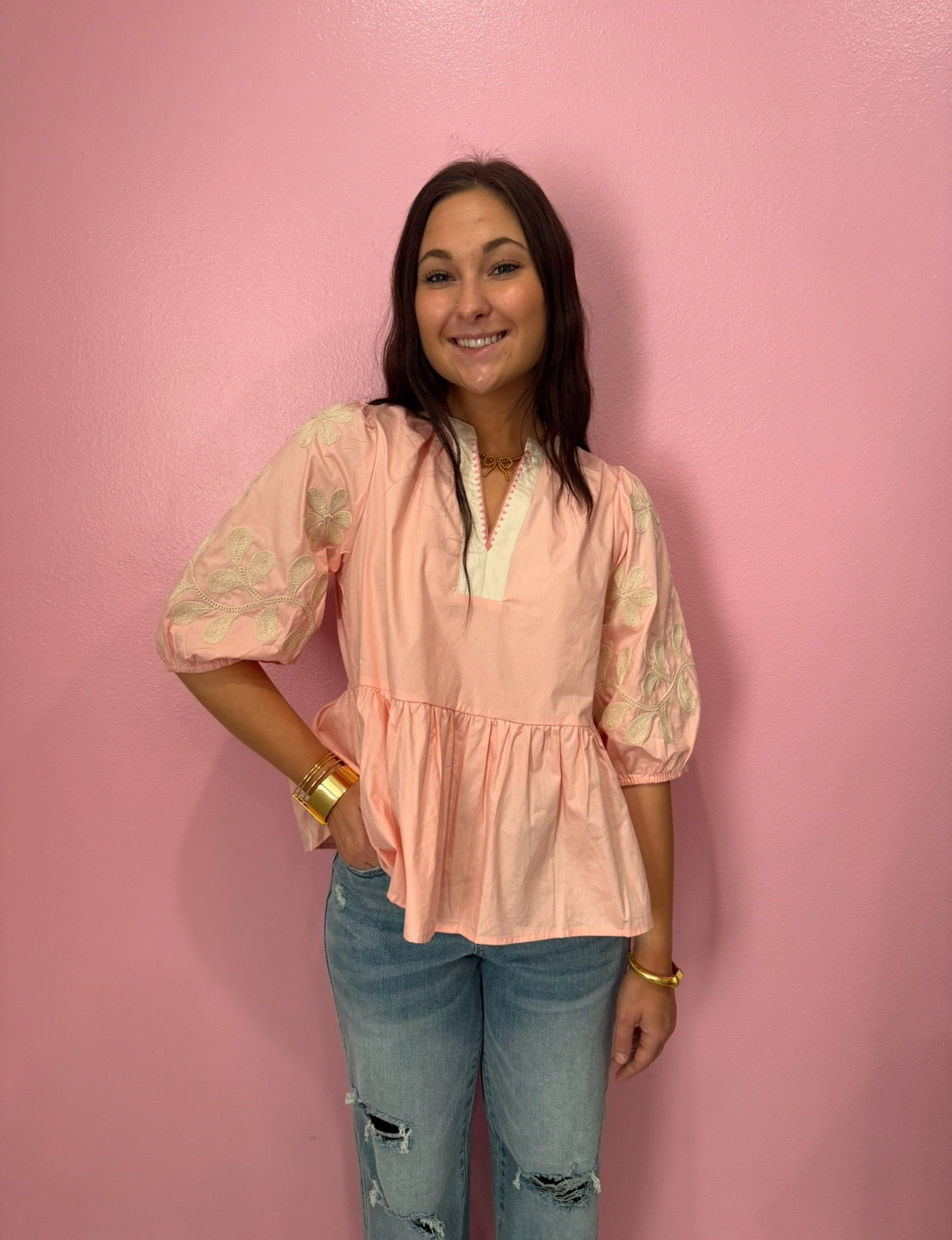 Pink Embroidered Babydoll Top