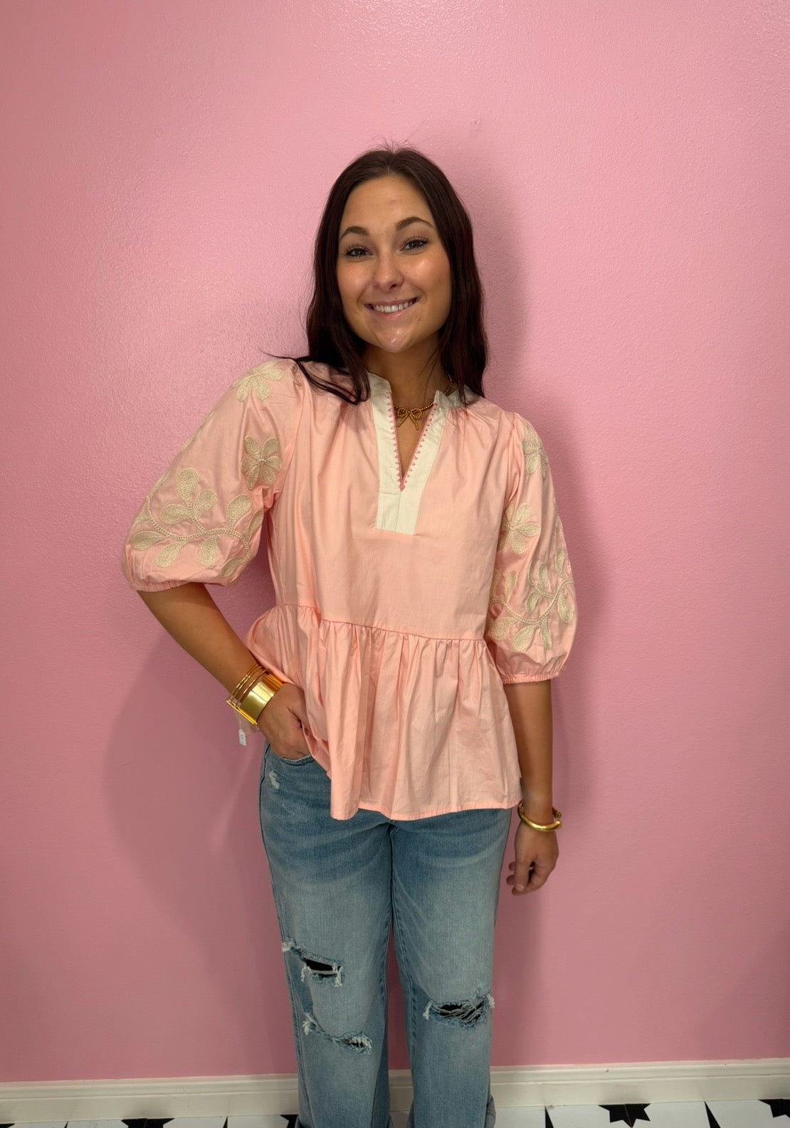 Pink Embroidered Babydoll Top