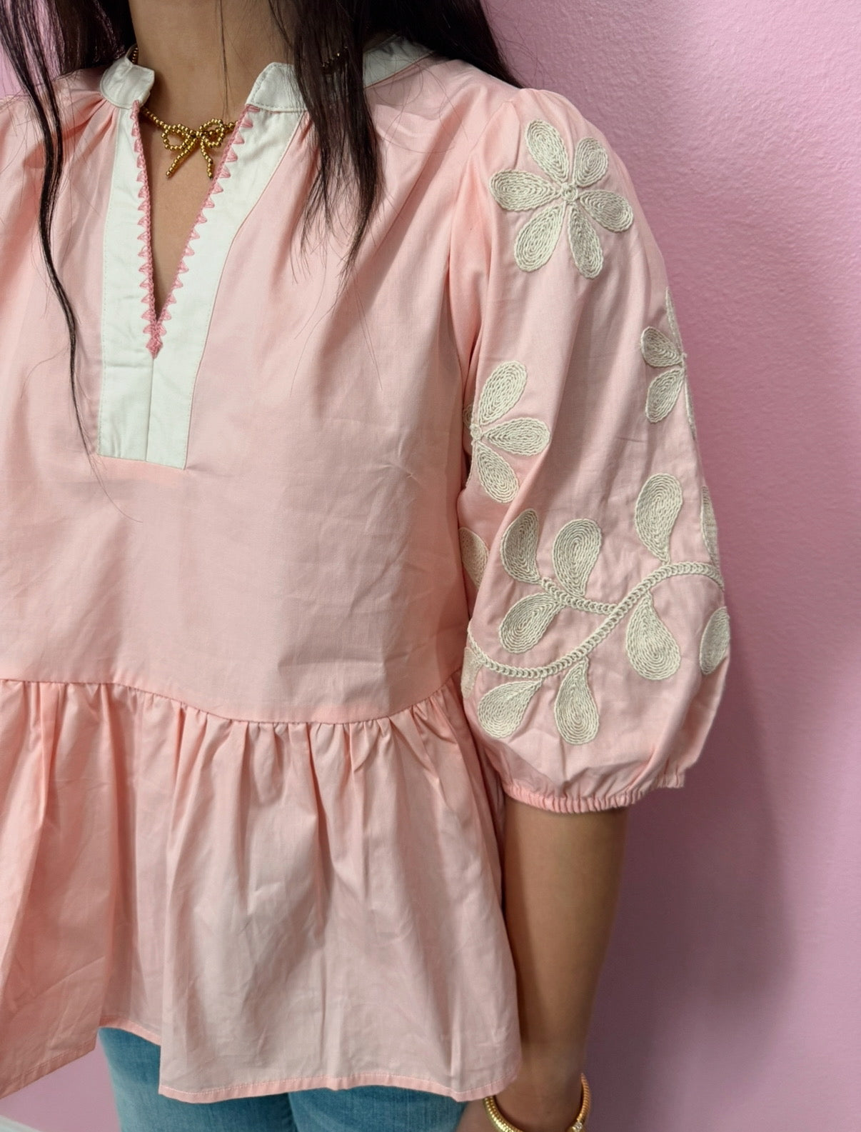 Pink Embroidered Babydoll Top