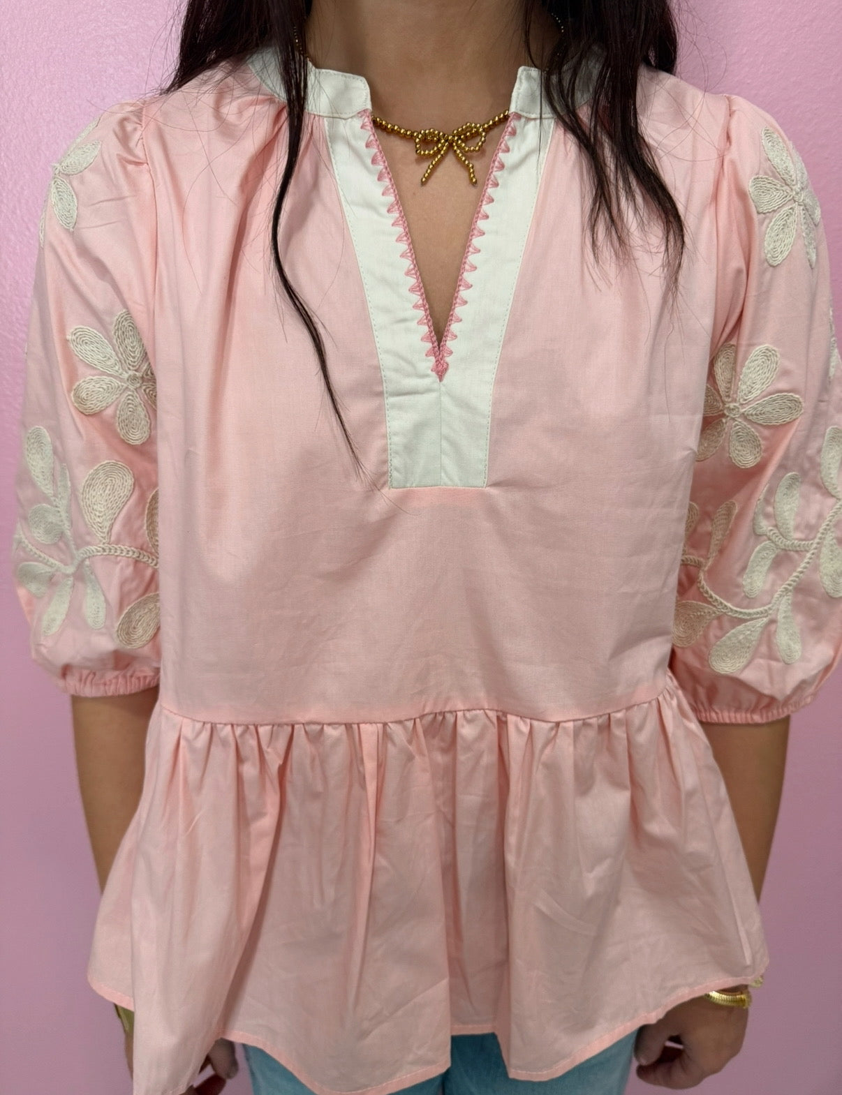 Pink Embroidered Babydoll Top