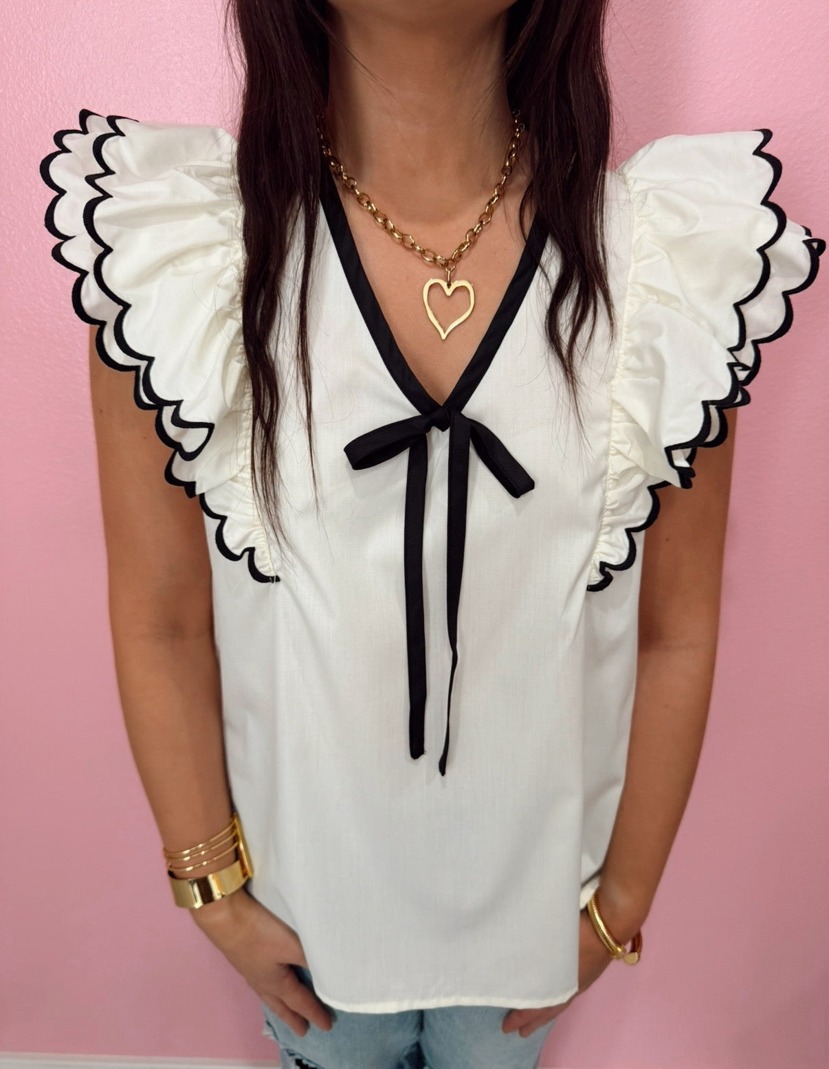 Black & Cream Contrast Bow Top