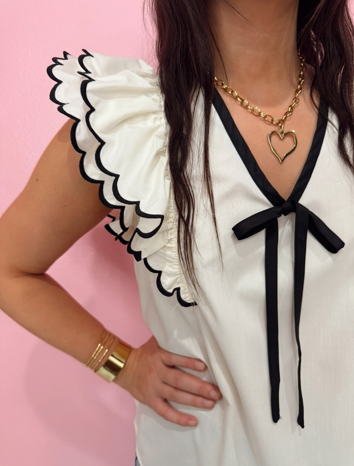 Black & Cream Contrast Bow Top