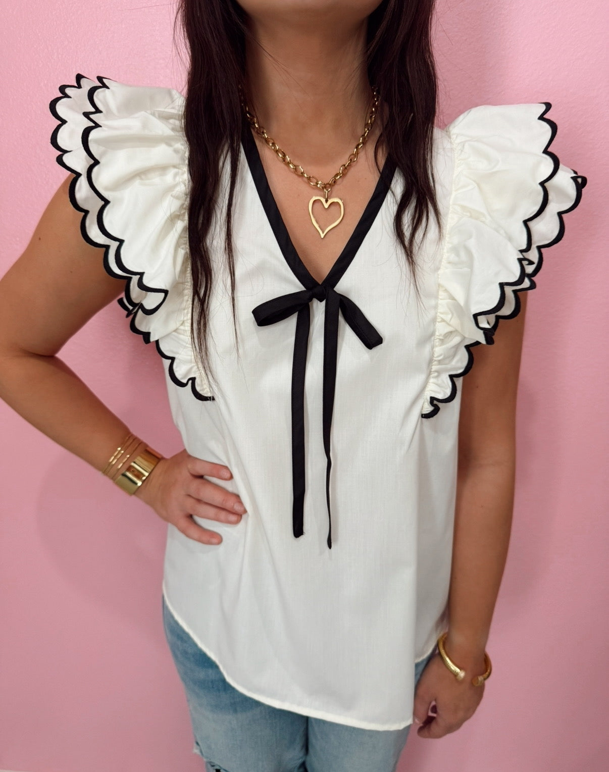 Black & Cream Contrast Bow Top