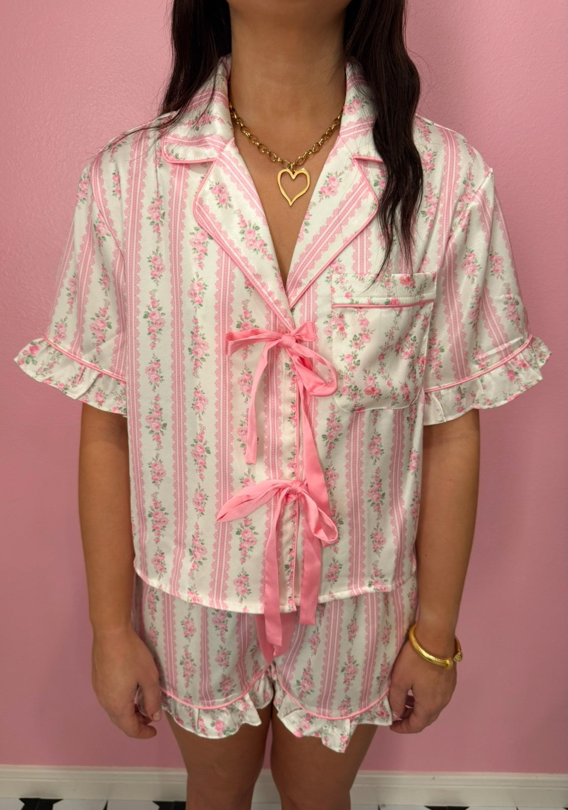 Pink Floral Bow Satin Pajamas