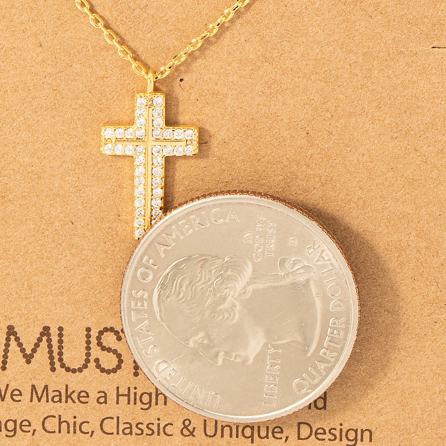 Pave Rhinestone Cross Pendant Necklace