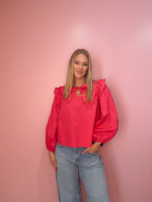 Hot Pink Puff Sleeve Top With Tie