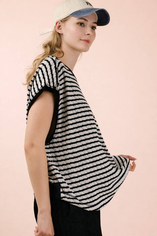 VERY J - NT12605-Open Back Striped Textured Knit Top
