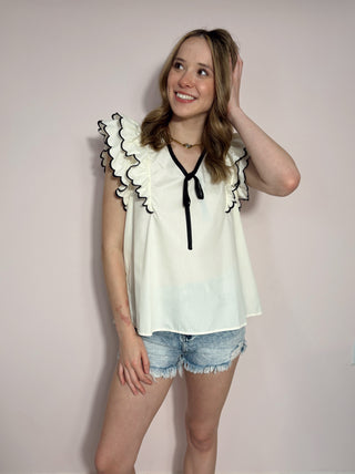 Black & Cream Contrast Bow Top
