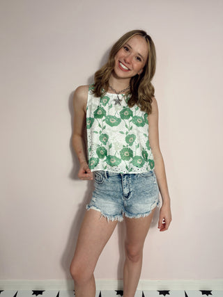Green Floral Sleeveless Top