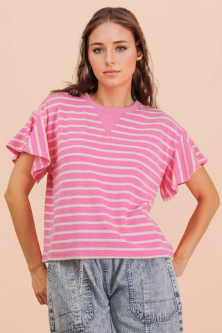VERY J - NT12476-Oversized Ruffle Sleeve Casual Stripe Knit Top