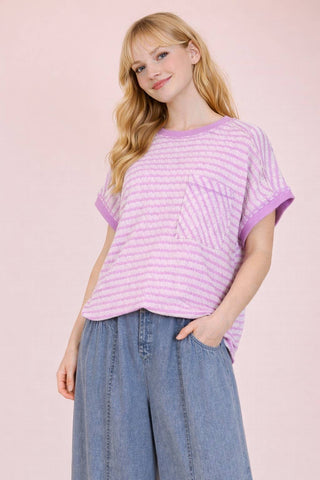 VERY J - NT12605-Open Back Striped Textured Knit Top
