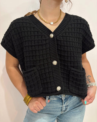 Black Waffle Crop Cardigan