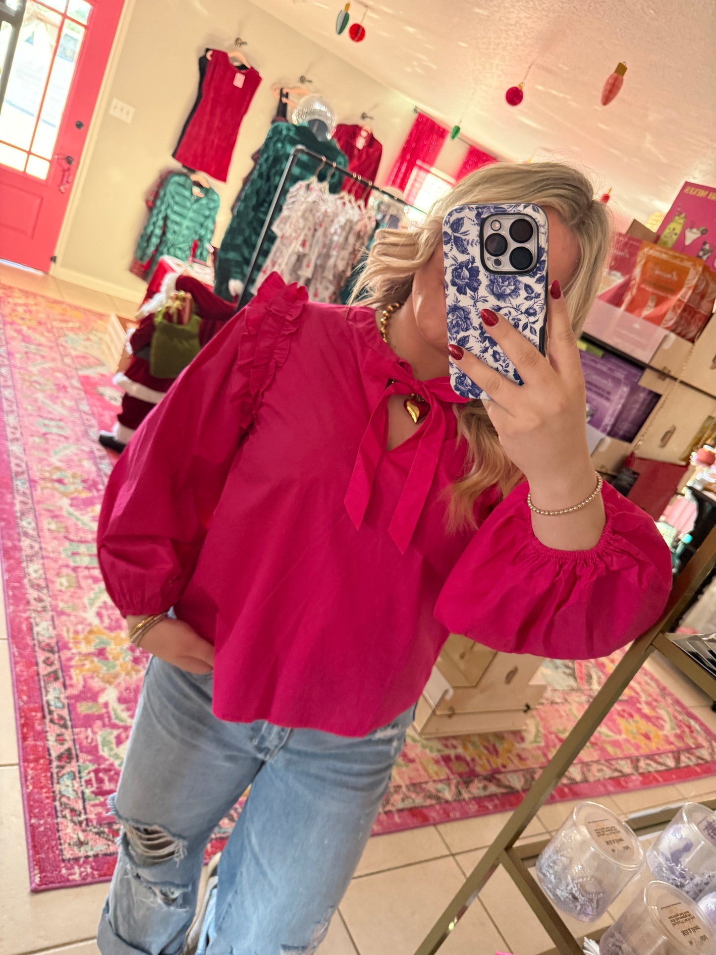Hot Pink Puff Sleeve Top With Tie