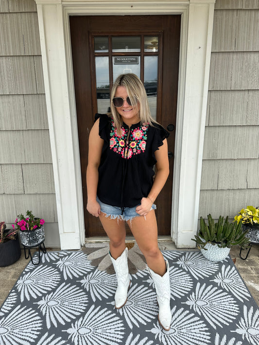 Black Emboridered Ruffle Sleeve Top