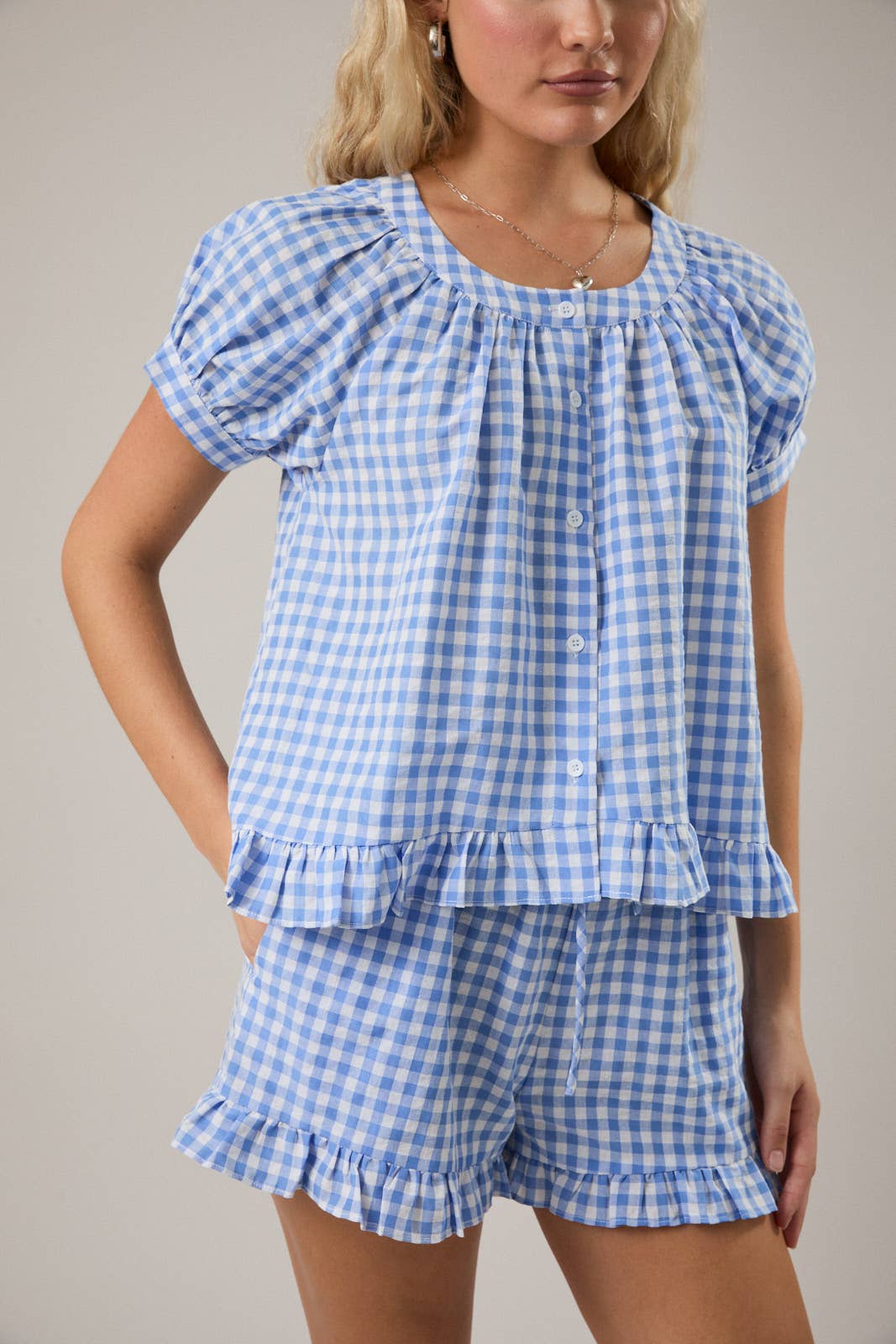 Puff Sleeve Gingham Top