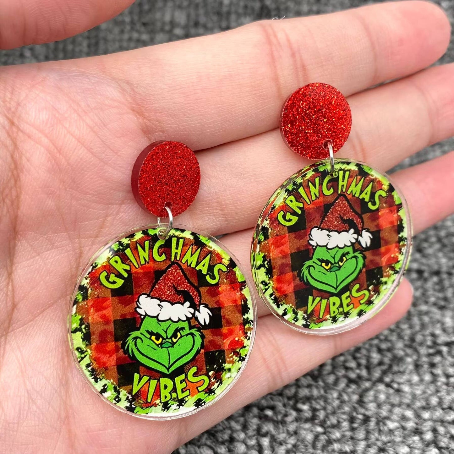 Christmas Grinch Circular Charm Post Earrings